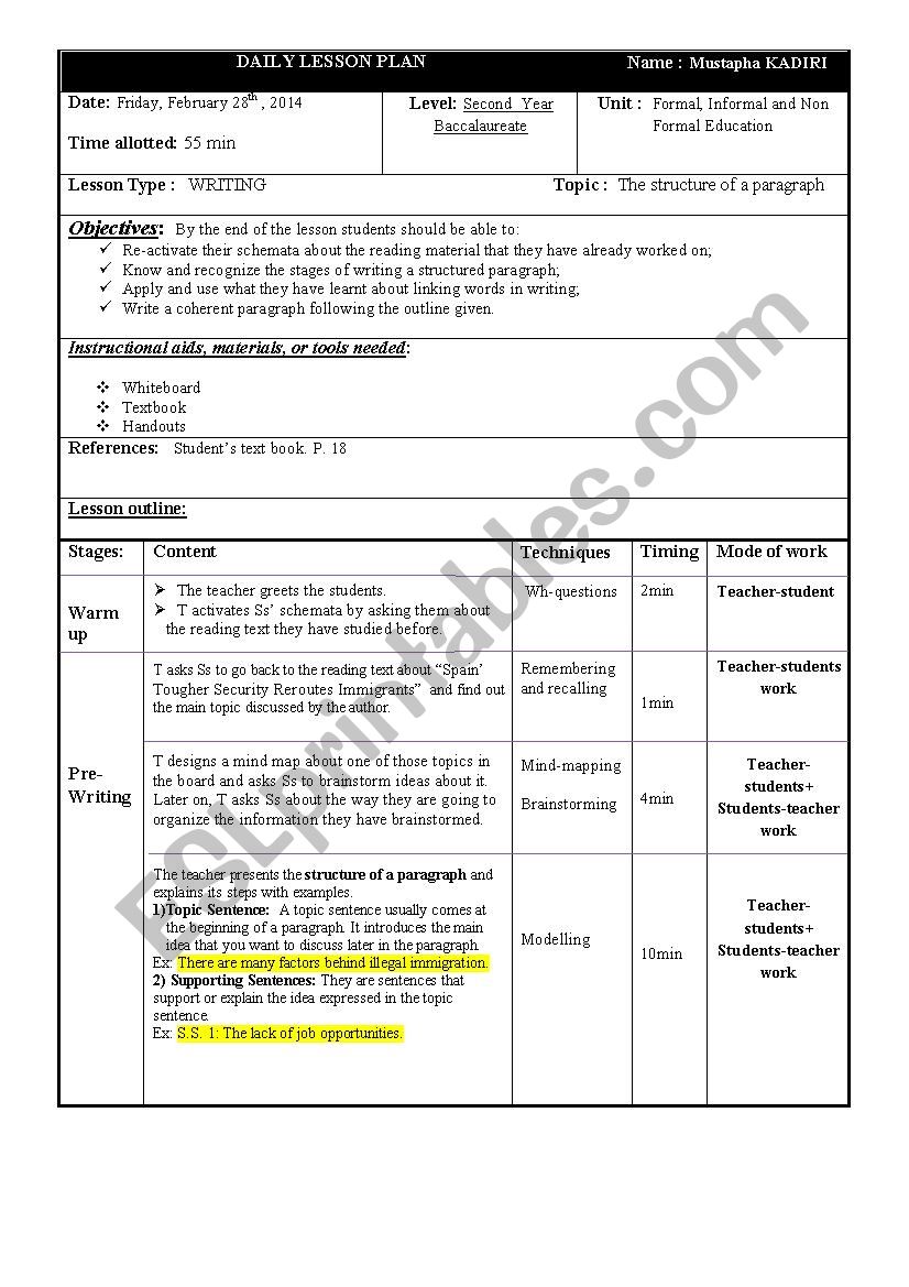 Lesson plan on writing; The structure of a paragraph