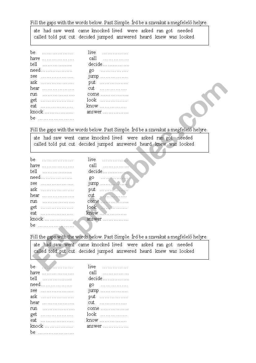 Past tense -Fill the gap worksheet