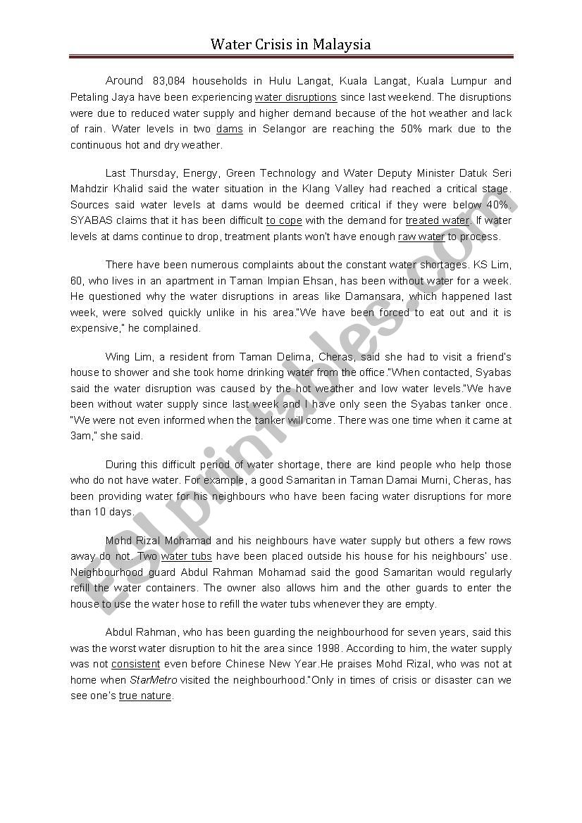 Reading Text And True False Questions About The Current Water Crisis In Malaysia Esl Worksheet By Kindaichi