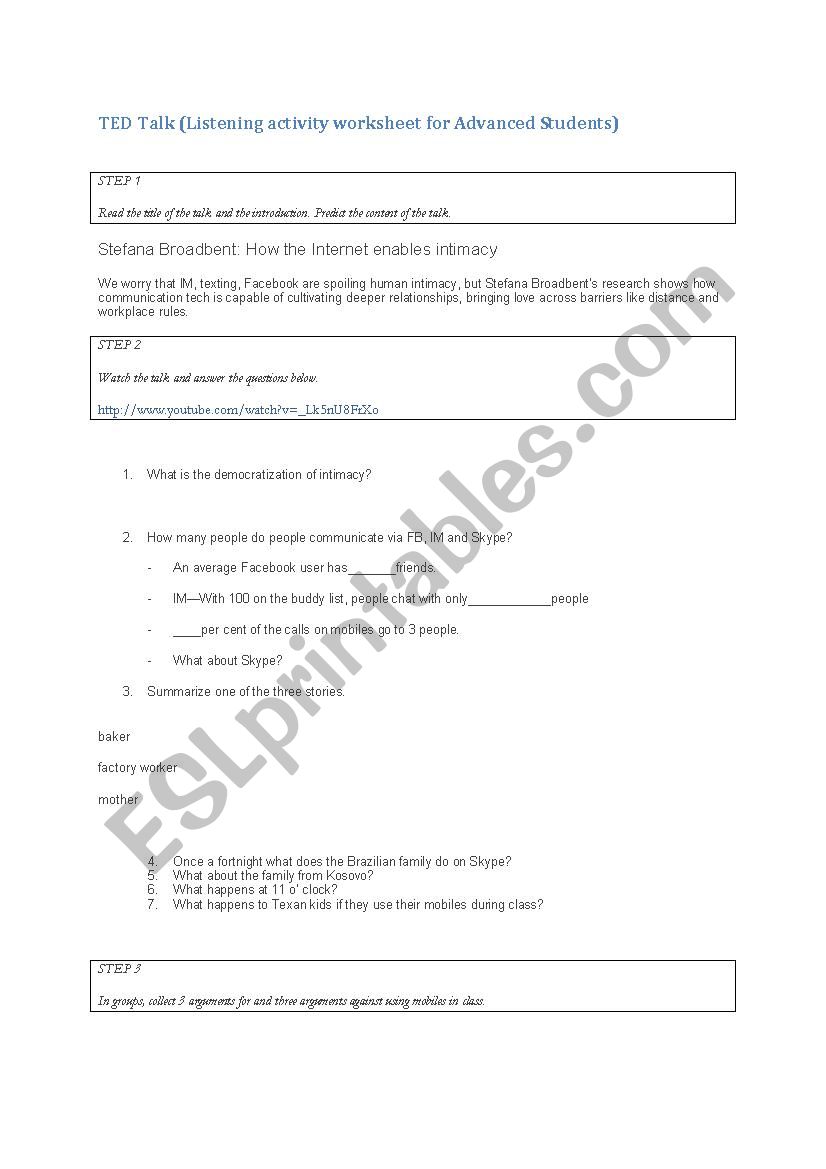 Internet and intimacy-Listening worksheet based on a TED Talk