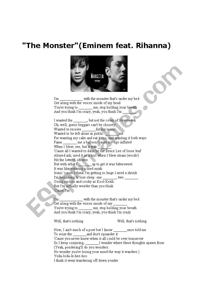 Song: the monster worksheet