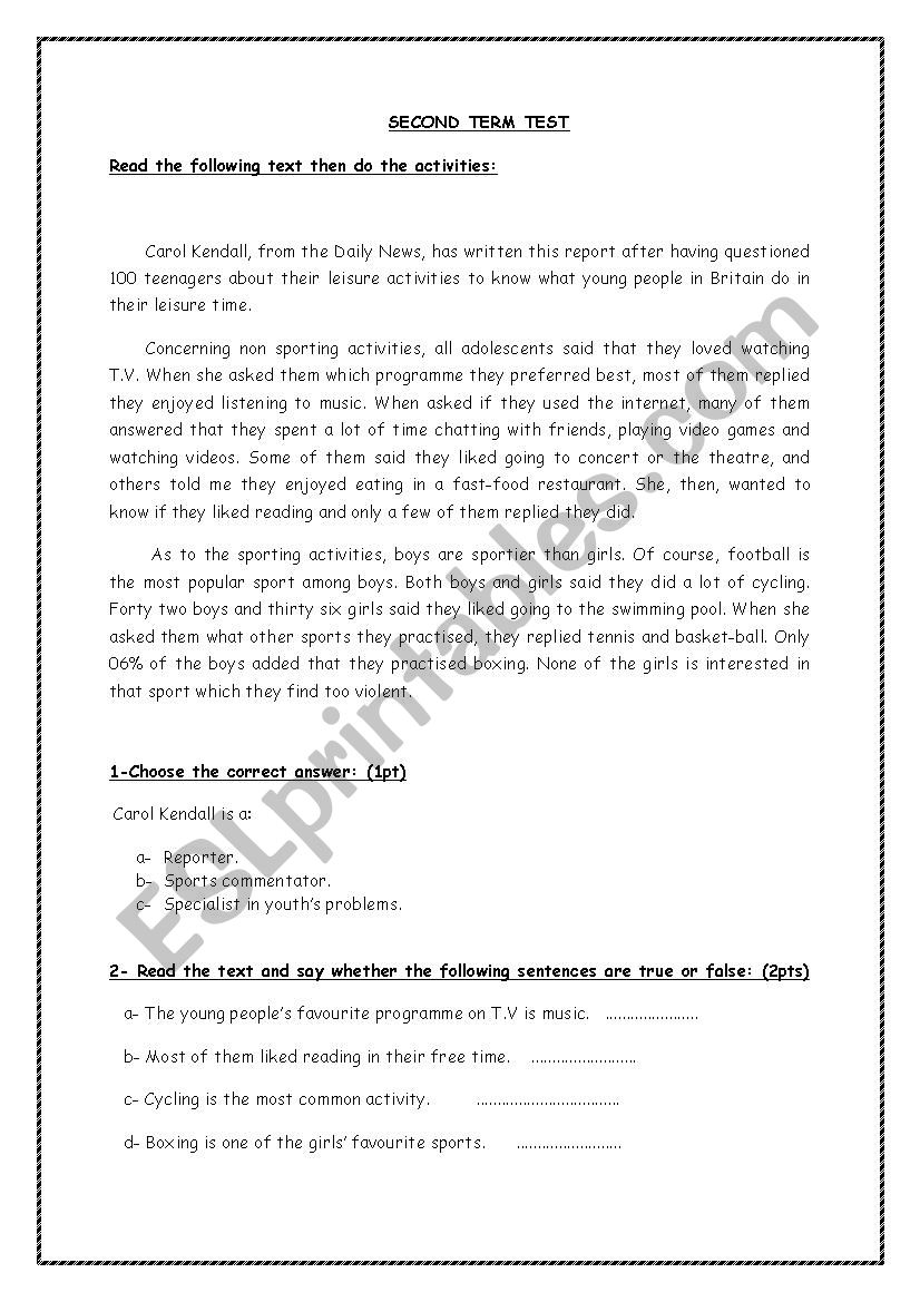test of the 2nd term 1st year worksheet