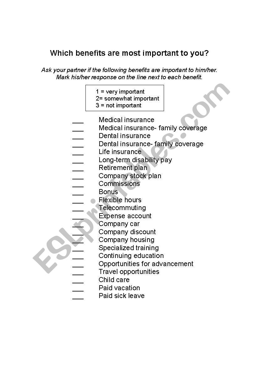 Job Benefits Survey worksheet