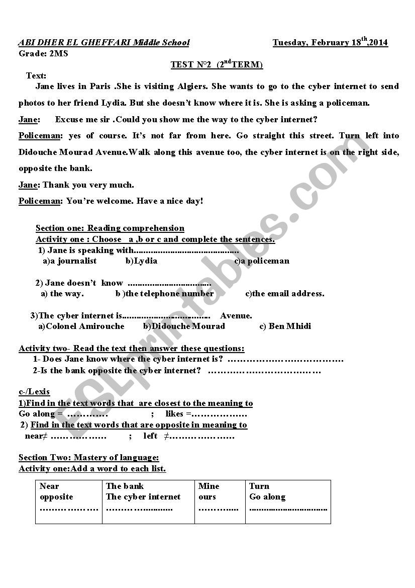 giving directions worksheet