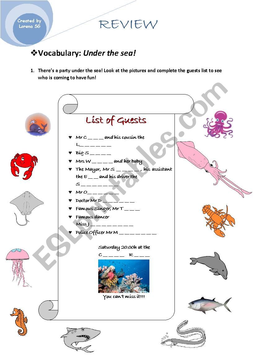 Vocabulary: under the sea worksheet