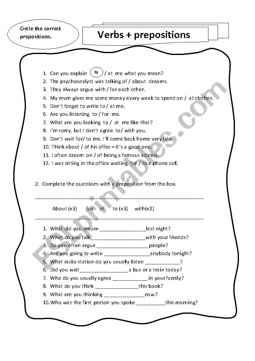 Verbs + prepositions worksheet