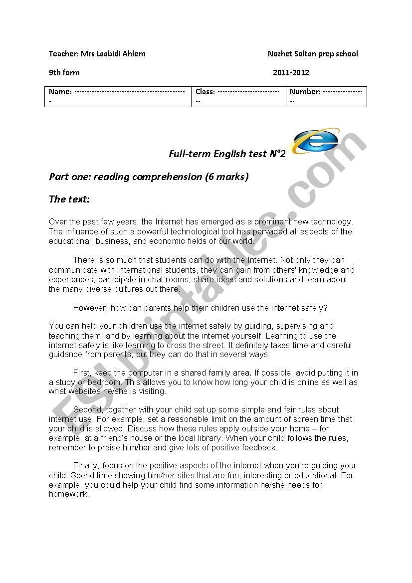 end term test 9th form worksheet