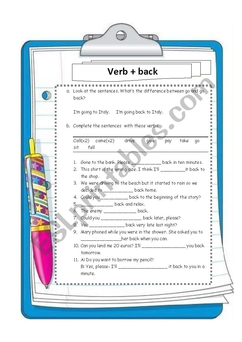 Verb + back worksheet