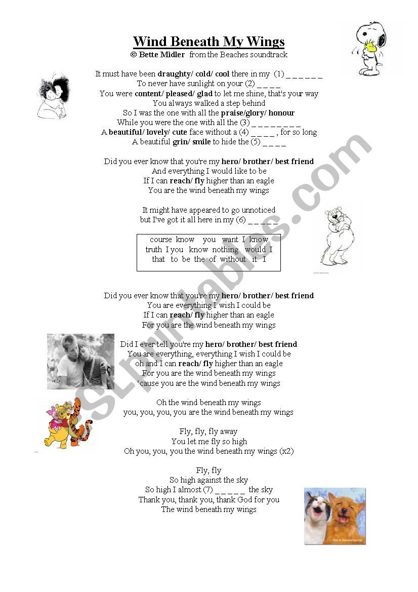 Wind Beneath my Wings worksheet