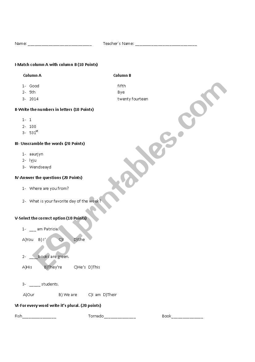 Division test worksheet