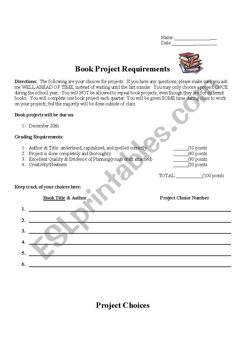 Book Report Choices worksheet