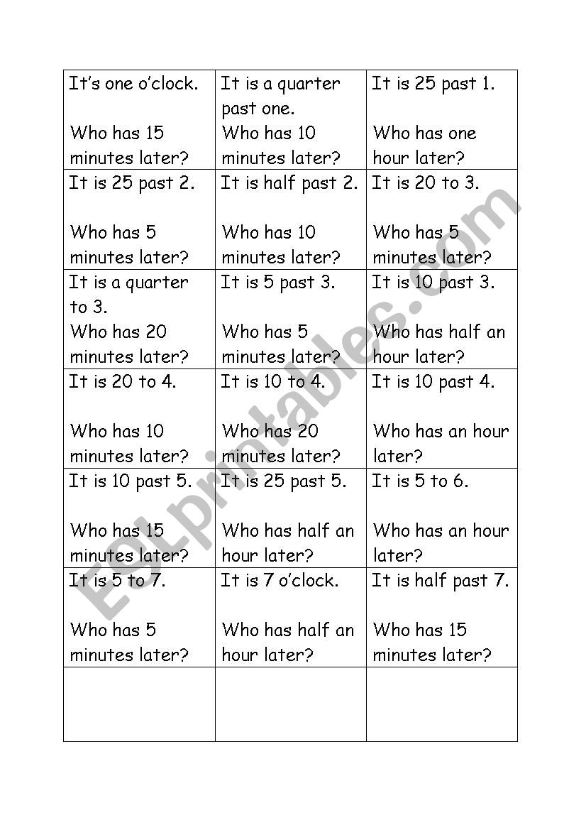 loop cards clock times worksheet