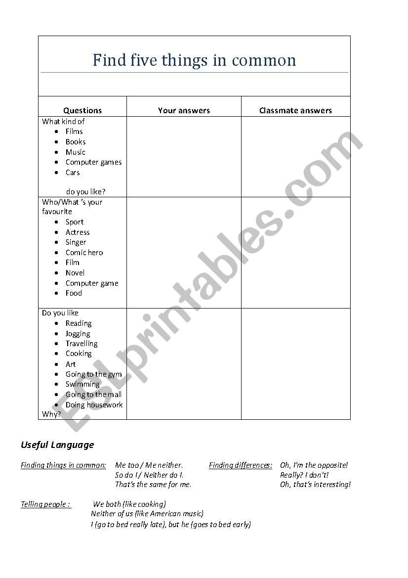 Things in Common worksheet