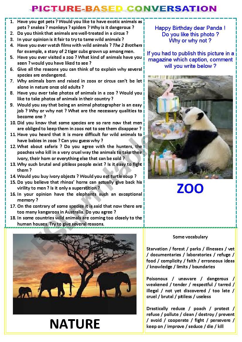 Picture-based conversation : topic 17 - zoo vs nature - ESL worksheet by  maryse peyé