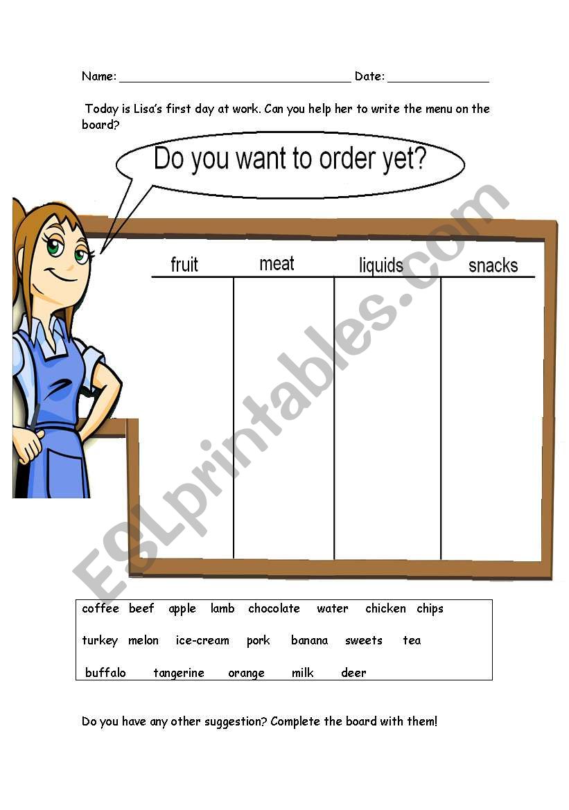 Complete the menu worksheet