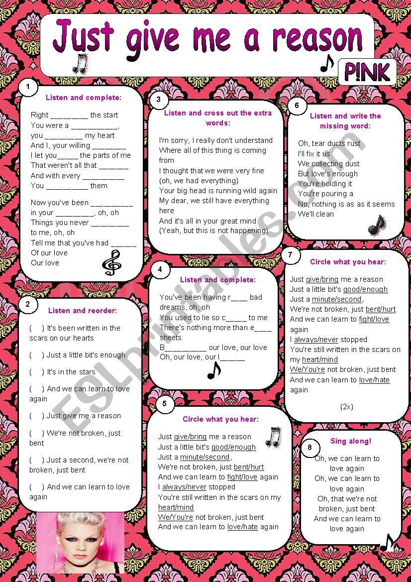 Just give me a reason - Pink worksheet