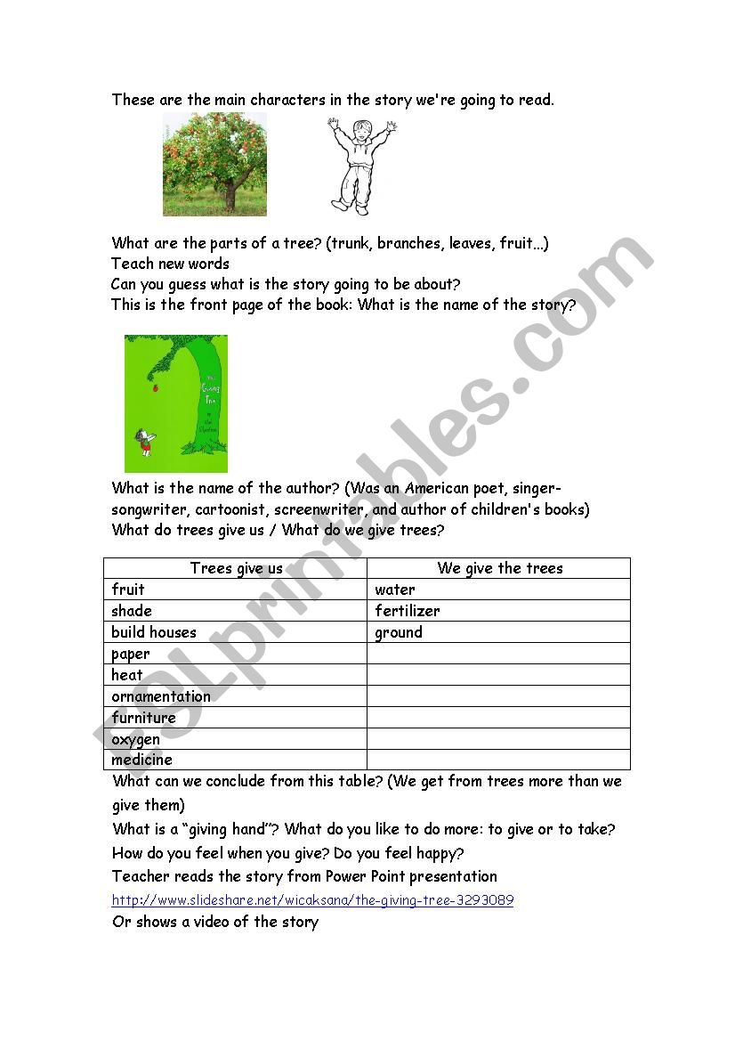 The Giving Tree worksheet