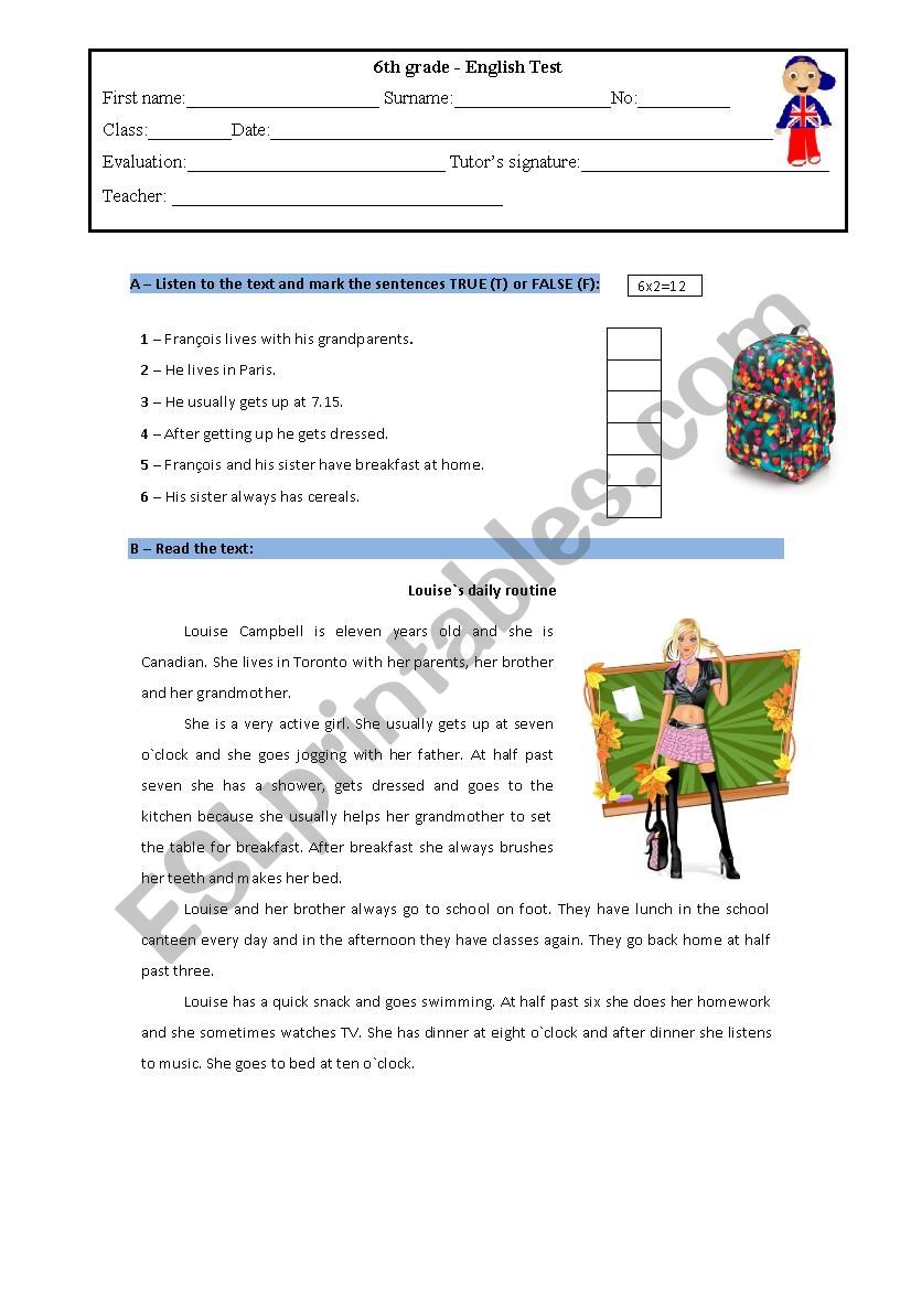 6th grade- English test  worksheet