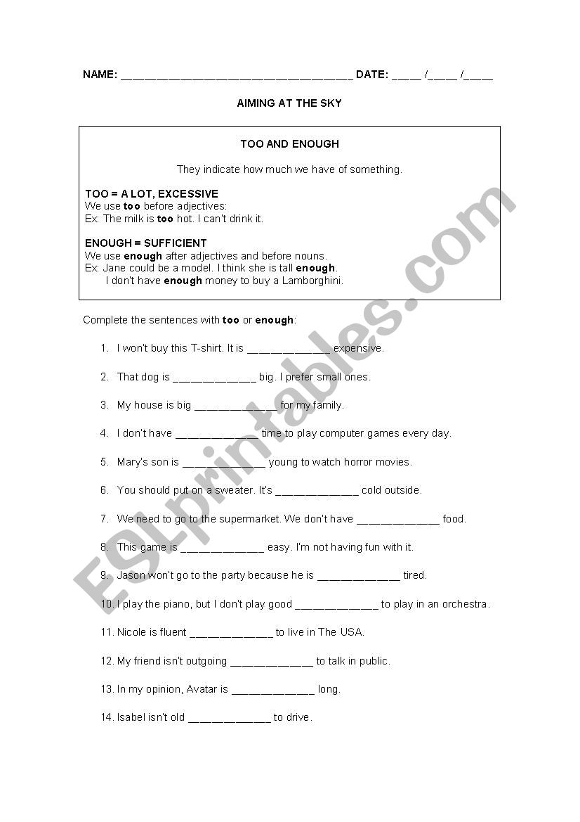 TOO and ENOUGH worksheet