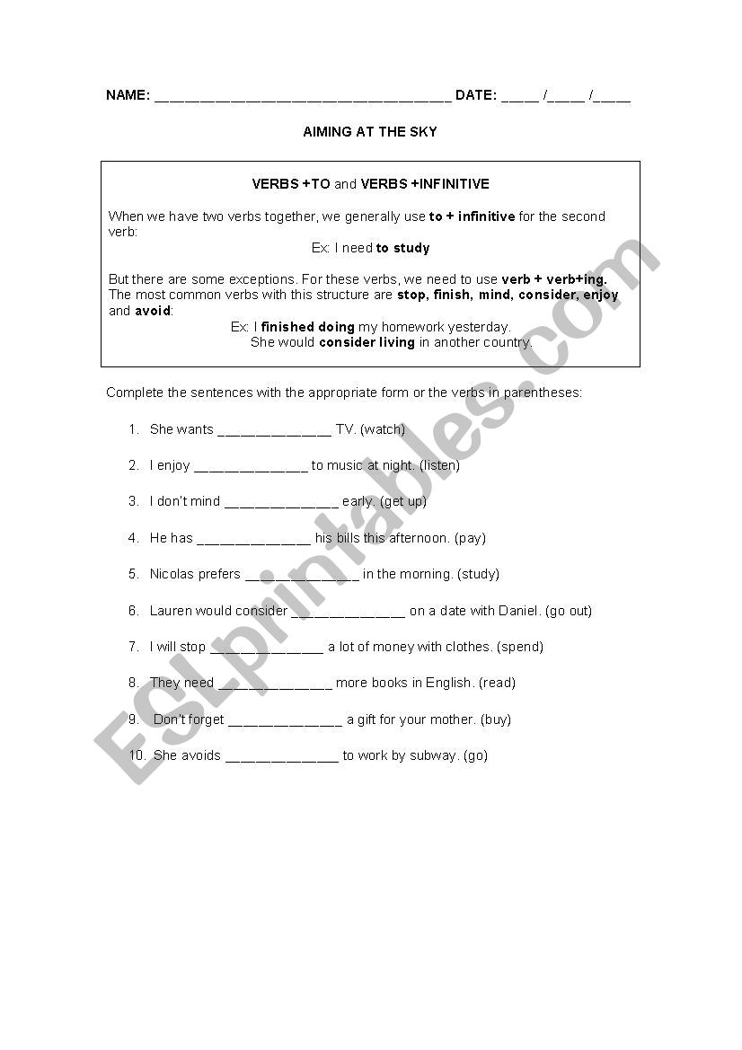 VERB + VERB - ING worksheet