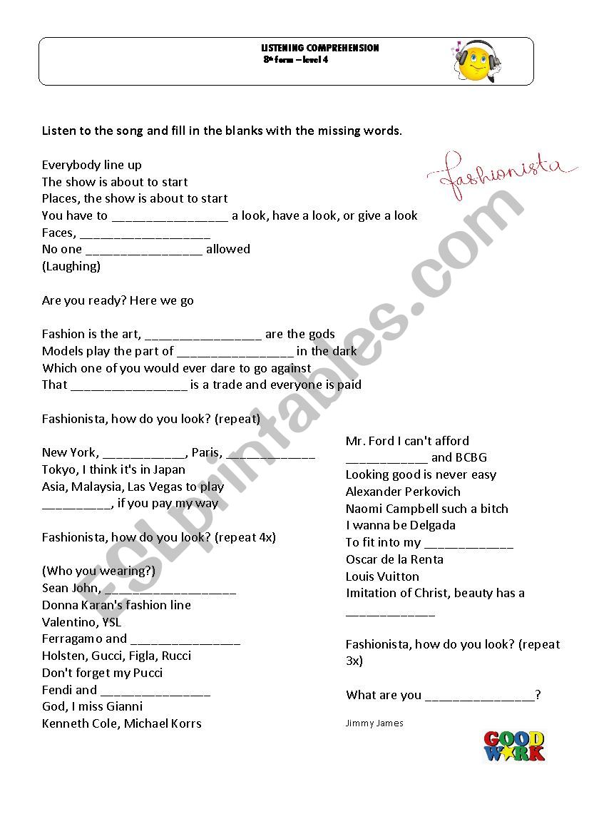 Fashionista worksheet