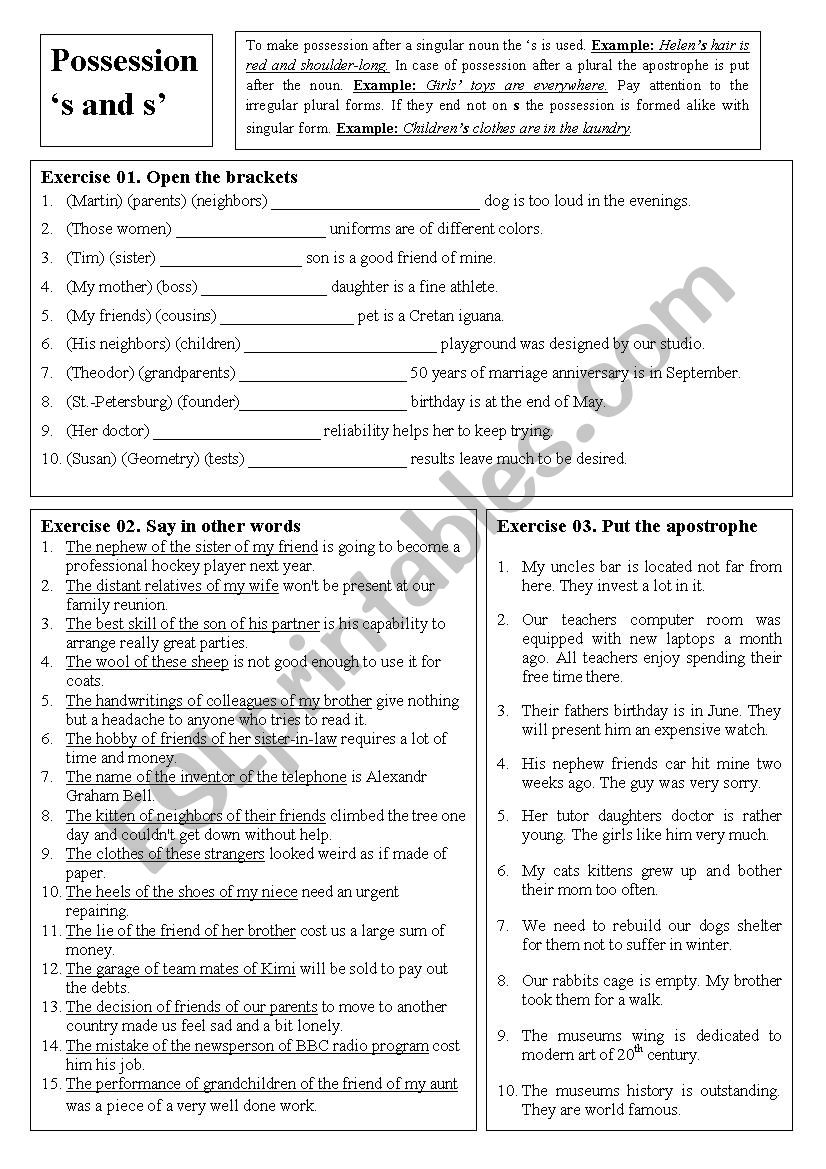 Possession s´ and ´s worksheet Possession s´ and ´s worksheet