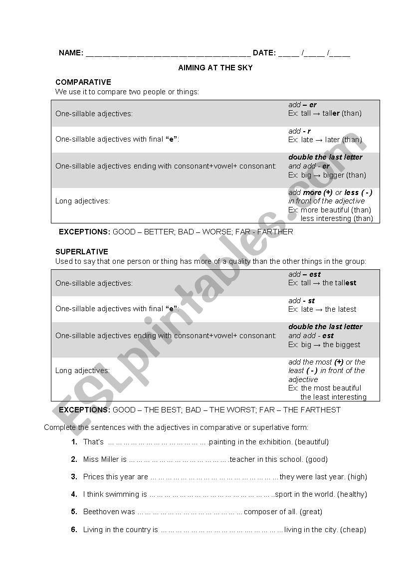 Comparative and Superlative worksheet