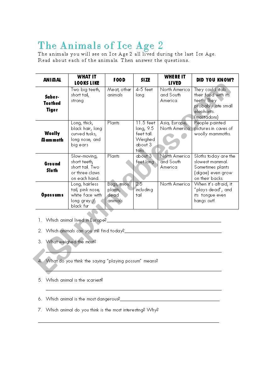 Ice Age 2 Animal Chart worksheet