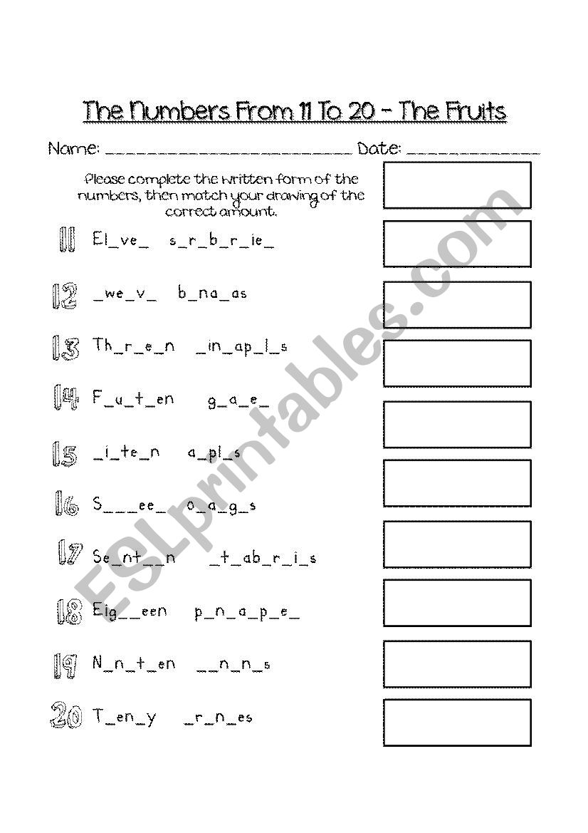 The Numbers From 11 to 20 worksheet