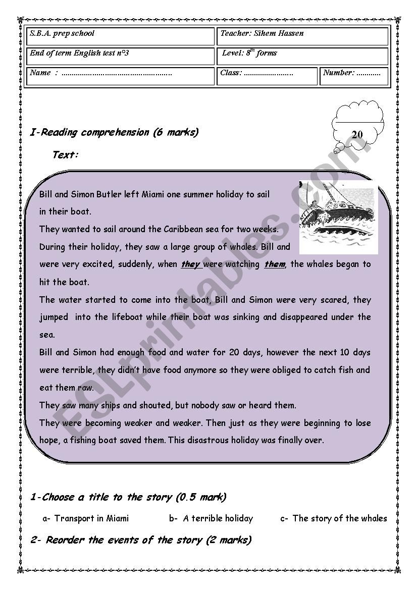 8th form end of term test3 worksheet