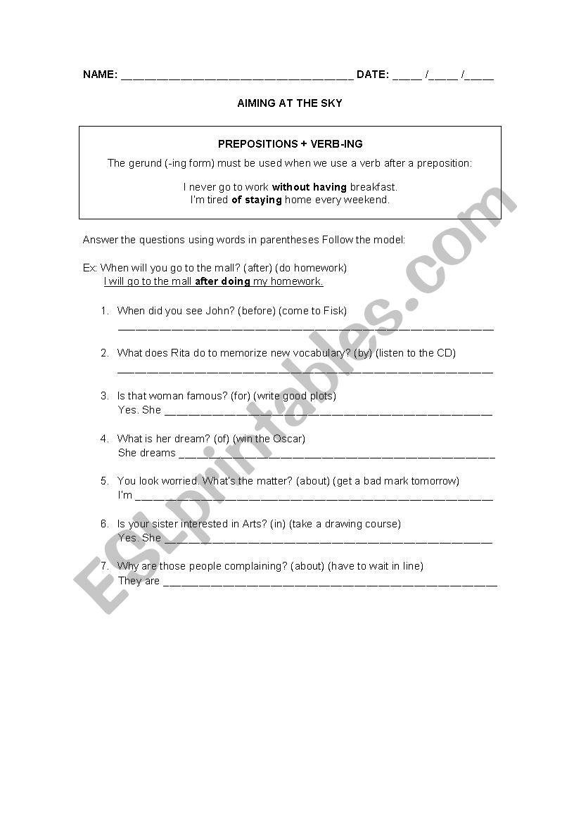 Prepositions + gerund worksheet