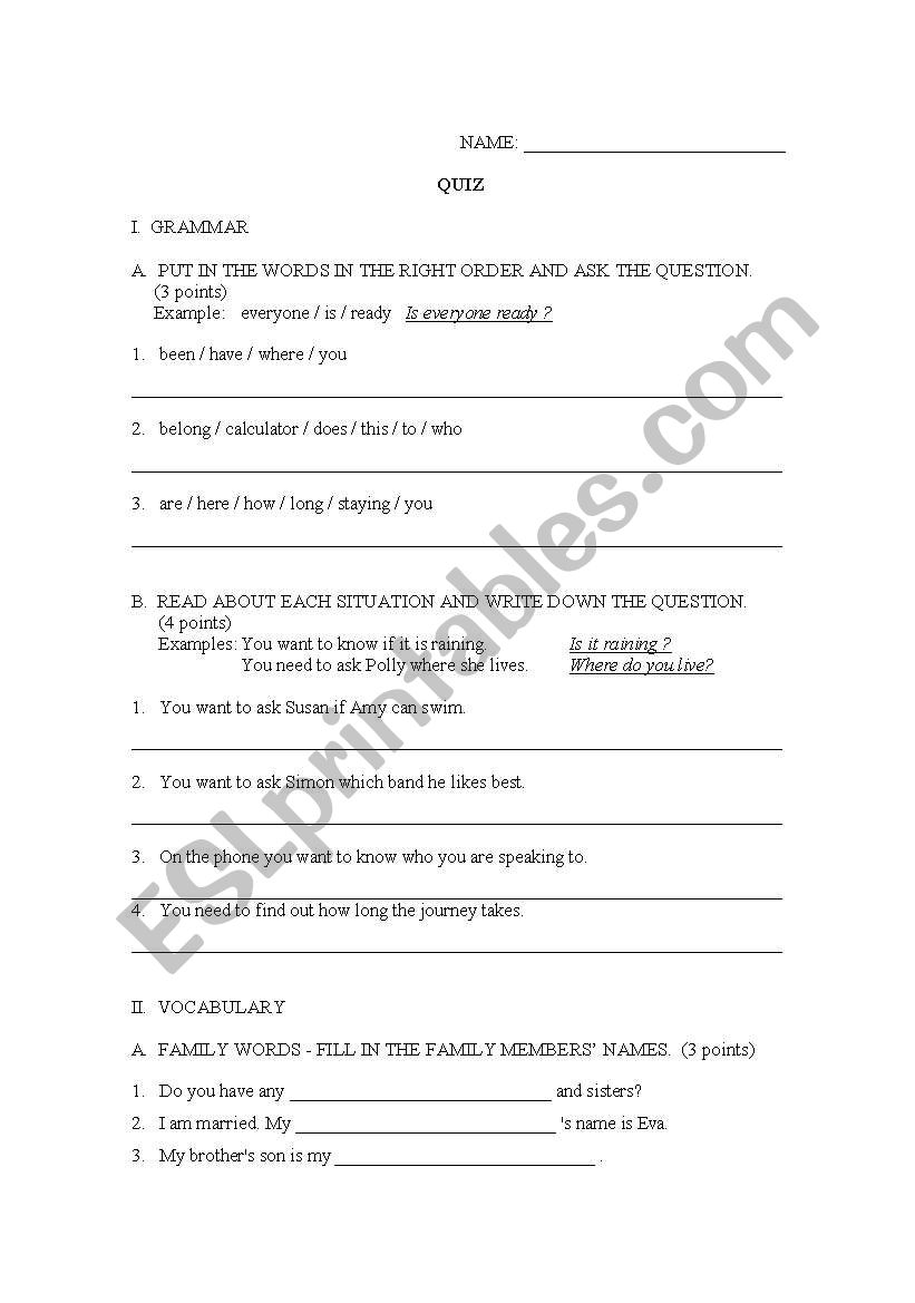 QUIZ  Family & Expressing Quantity