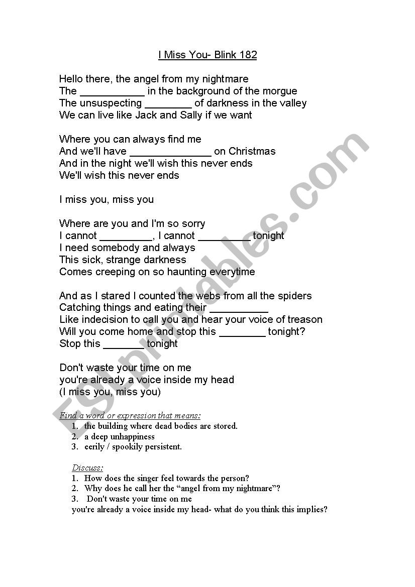 blink 182 I miss you gap fill worksheet