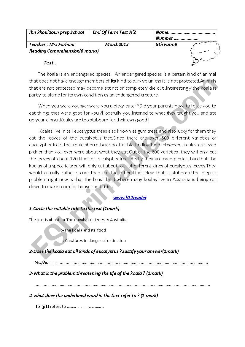 Reading comprehension worksheet