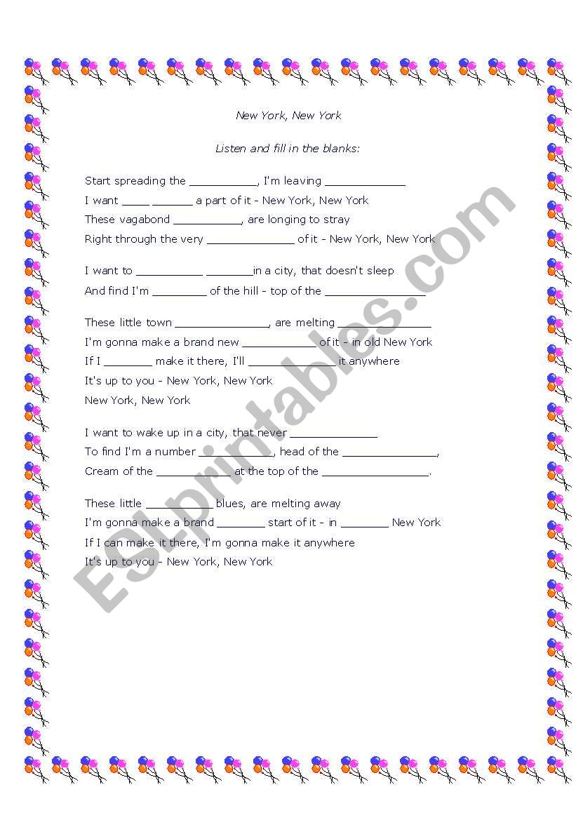 New York, New York worksheet