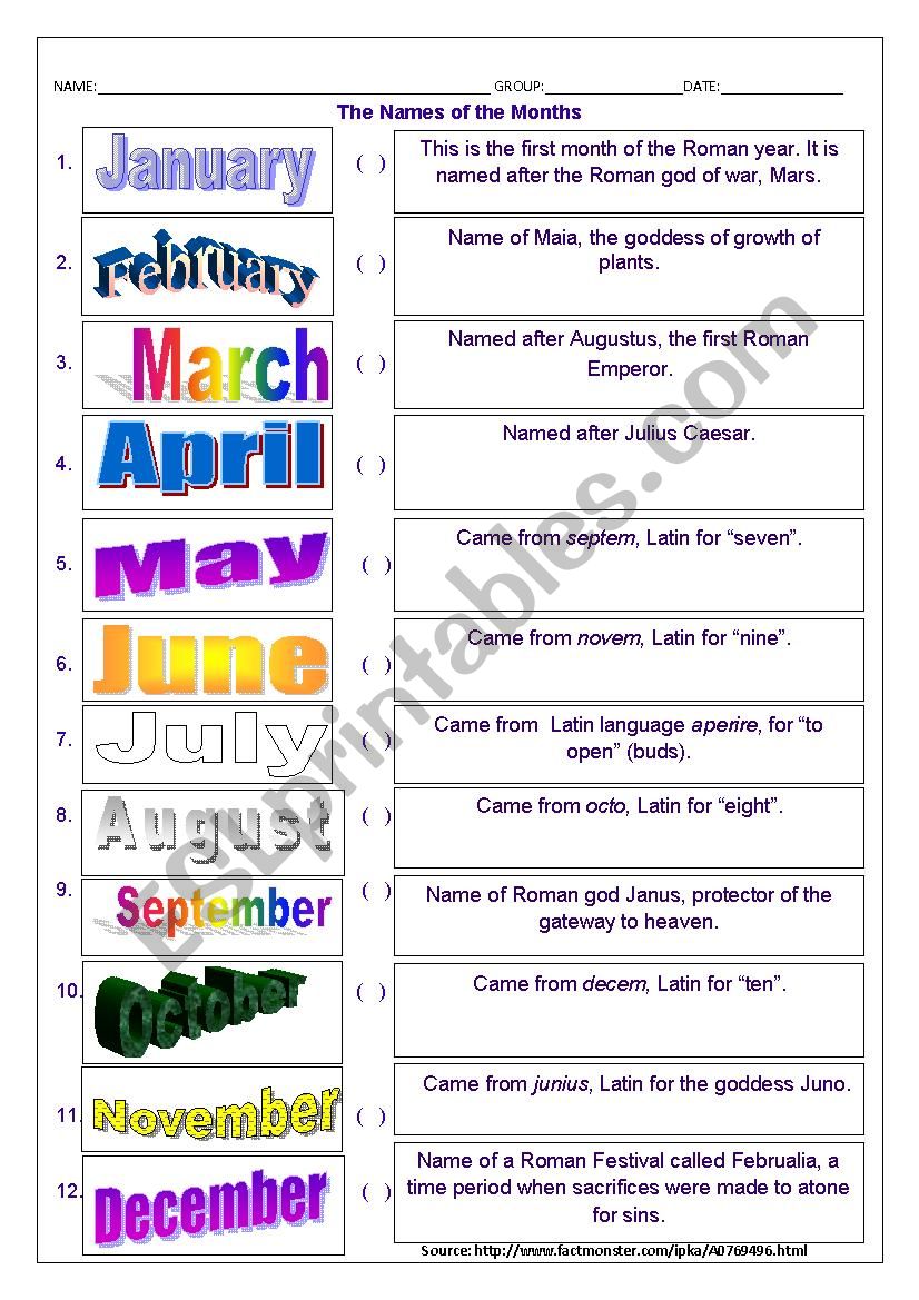 Months Origin worksheet