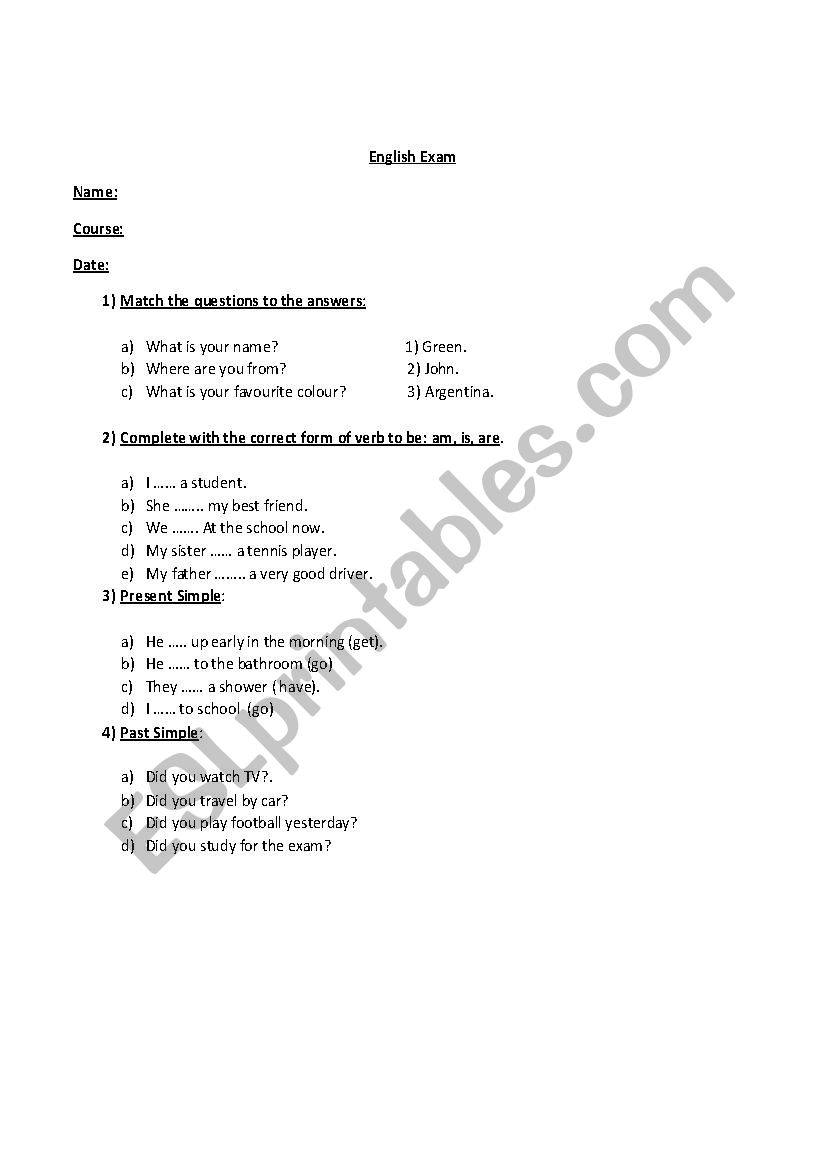 Exam worksheet