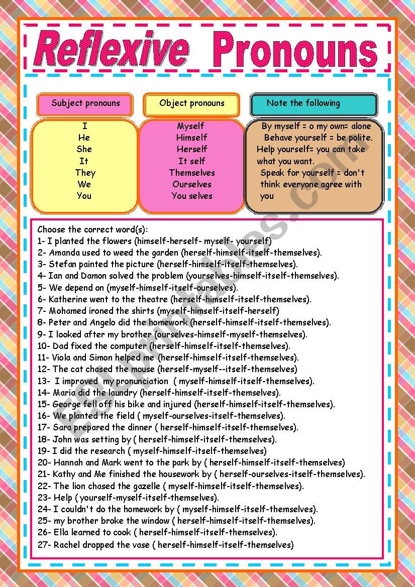 reflexive pronouns exercises worksheet