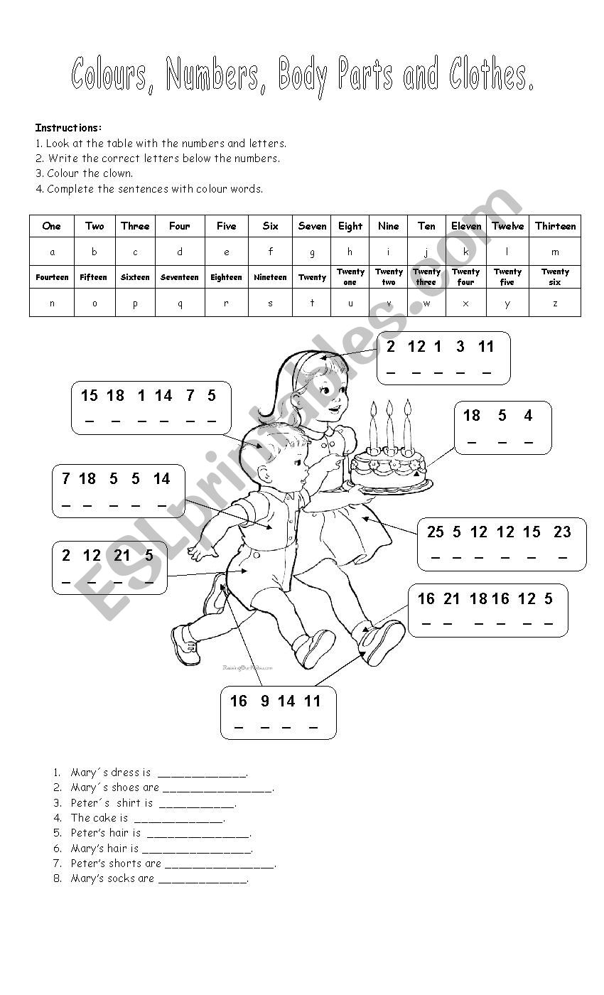 numbers, colours, body parts and clothes.