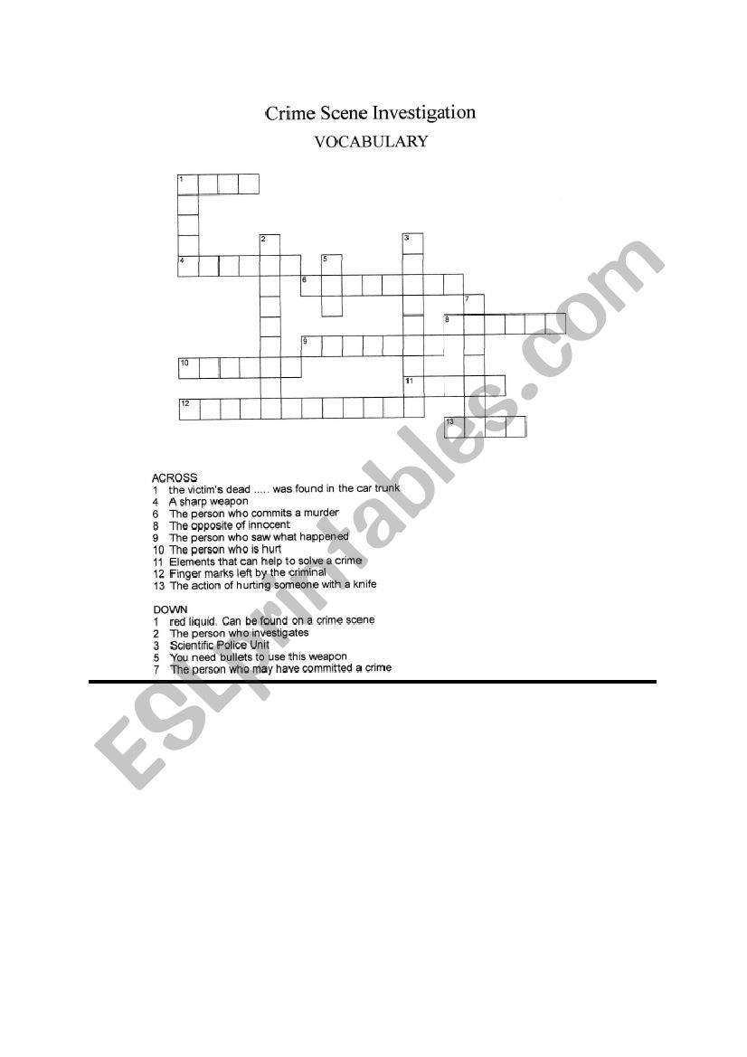 Crime Scene Investigation Crossword with key