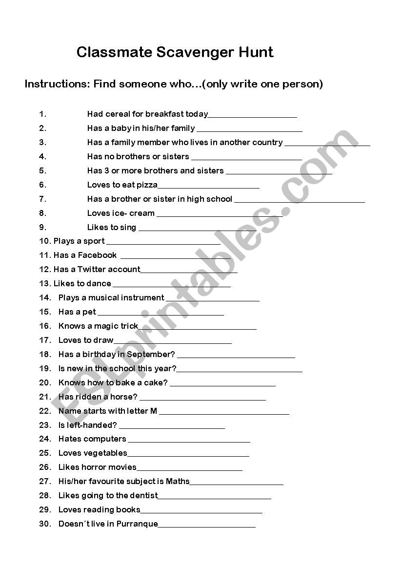 Scavenger hunt worksheet