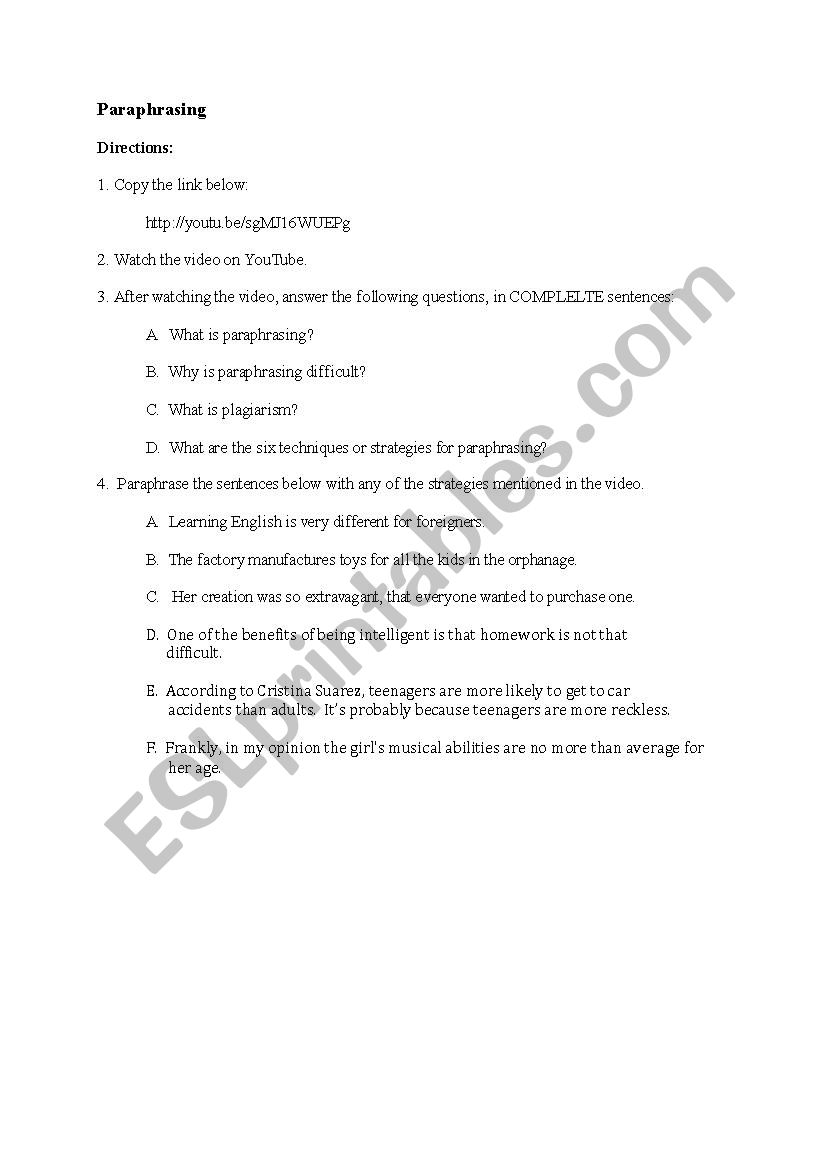 Paraphrasing_video assignment worksheet