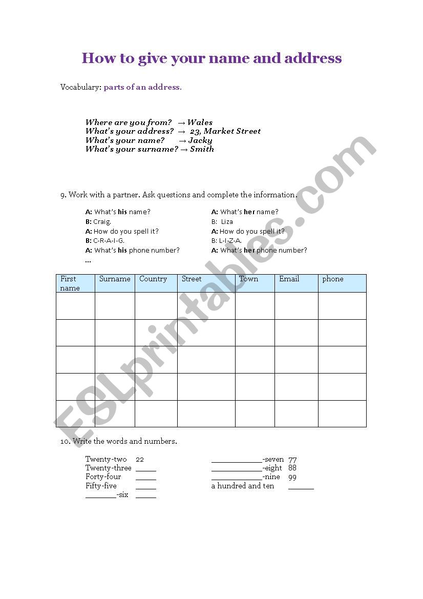 Personal information worksheet