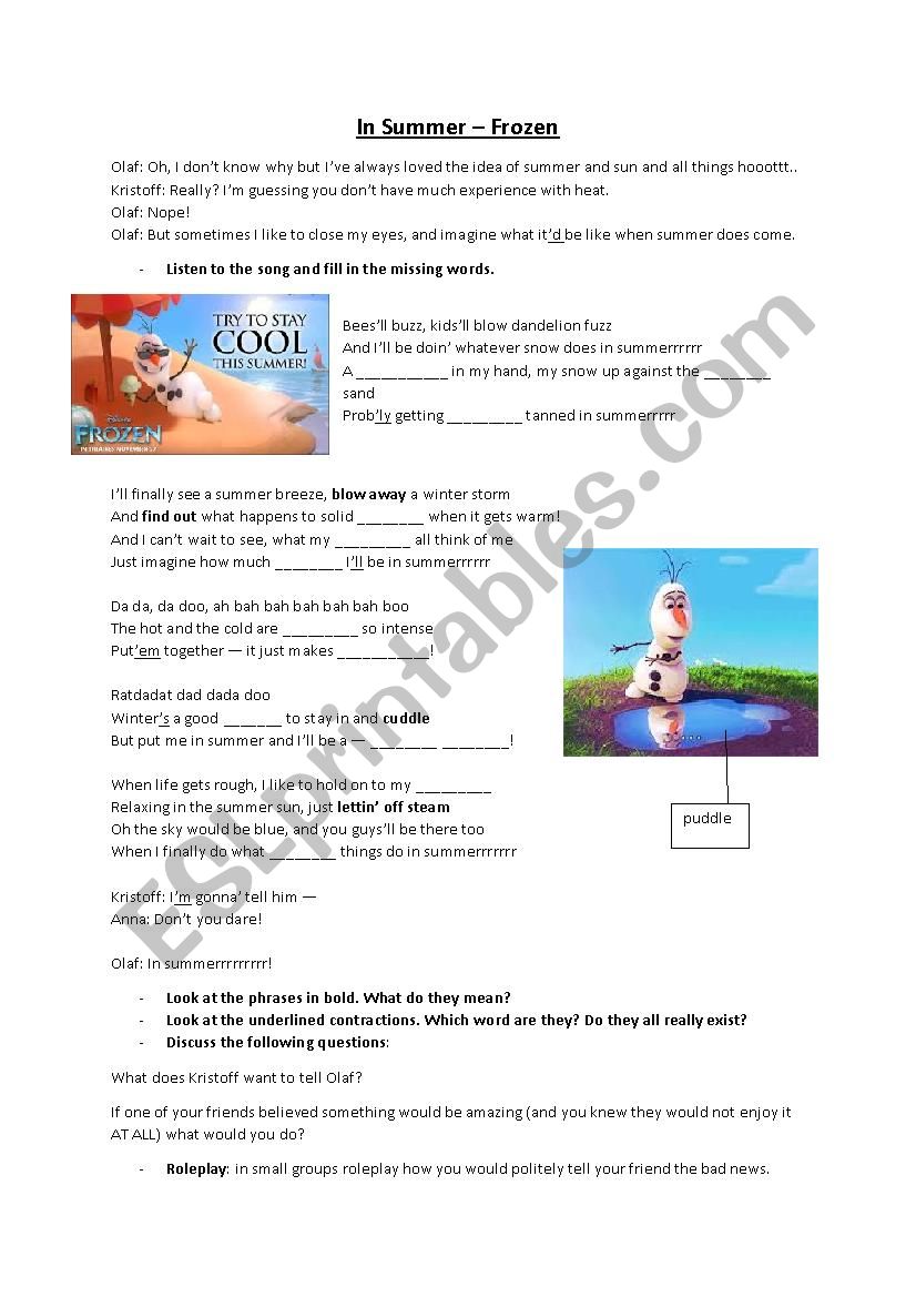 In Summer - Olaf in Frozen worksheet