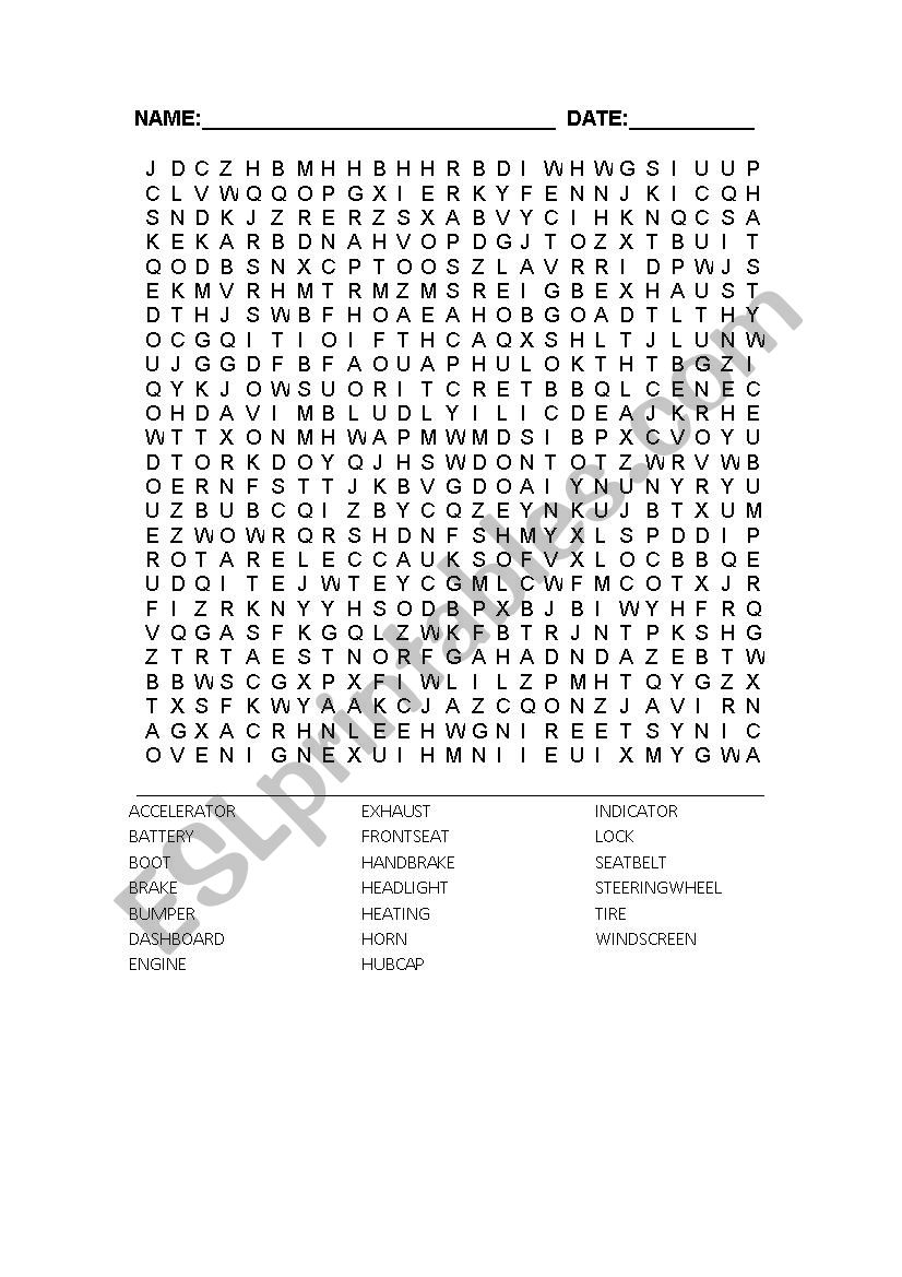 Wordsearch Car Parts ESL Worksheet By Dii Anna
