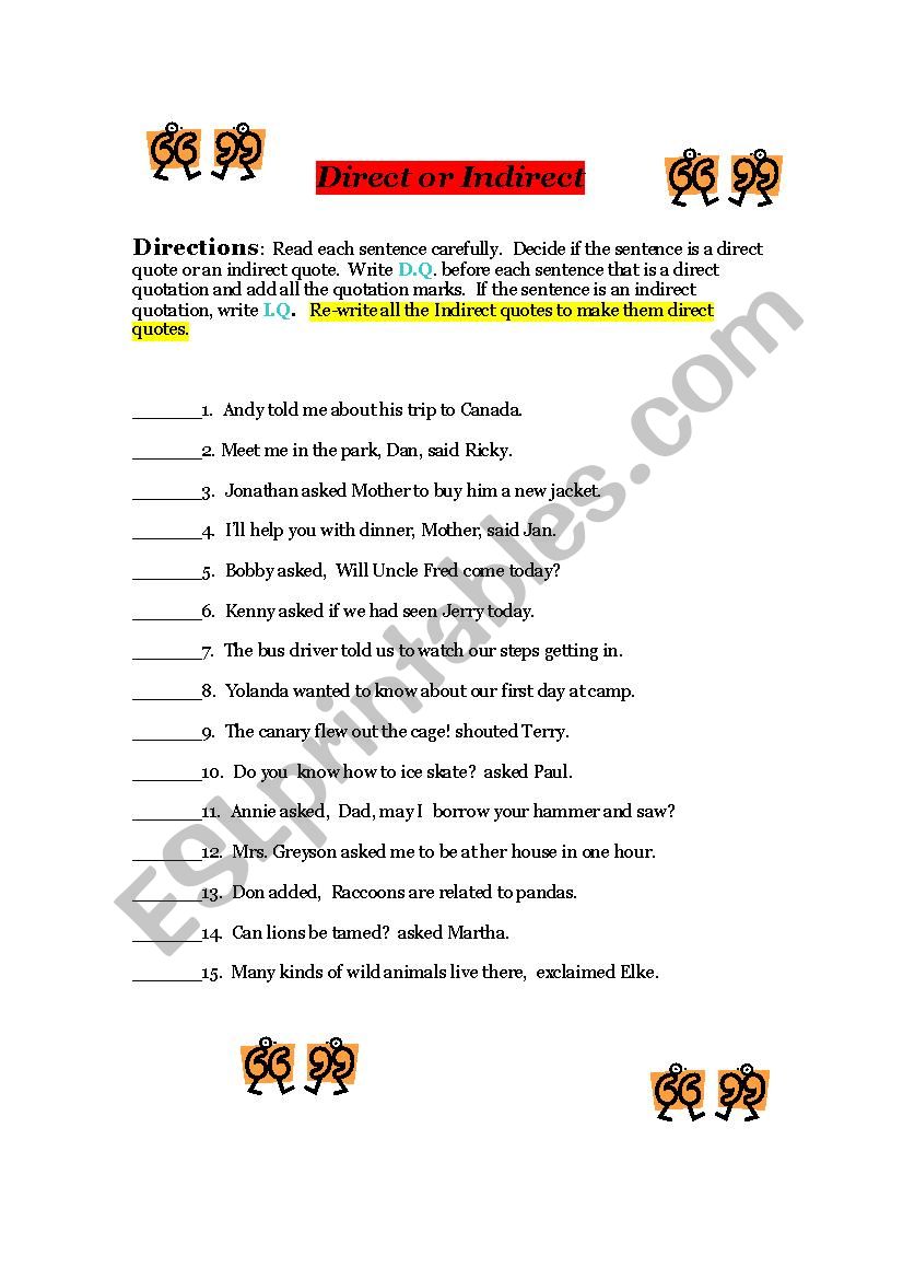 Direct Indirect speech worksheet