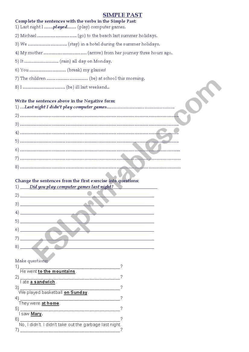 SIMPLE PAST and USED TO worksheet