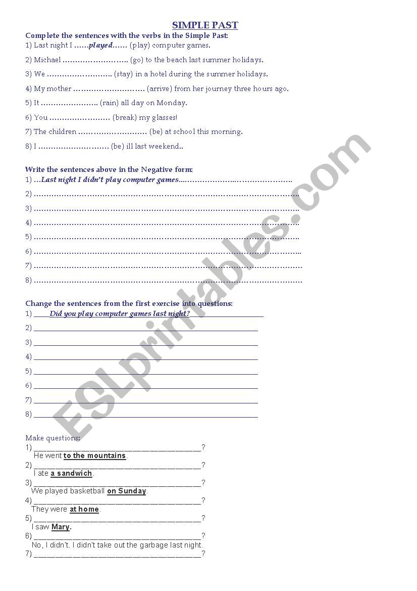 SIMPLE PAST and USED TO worksheet