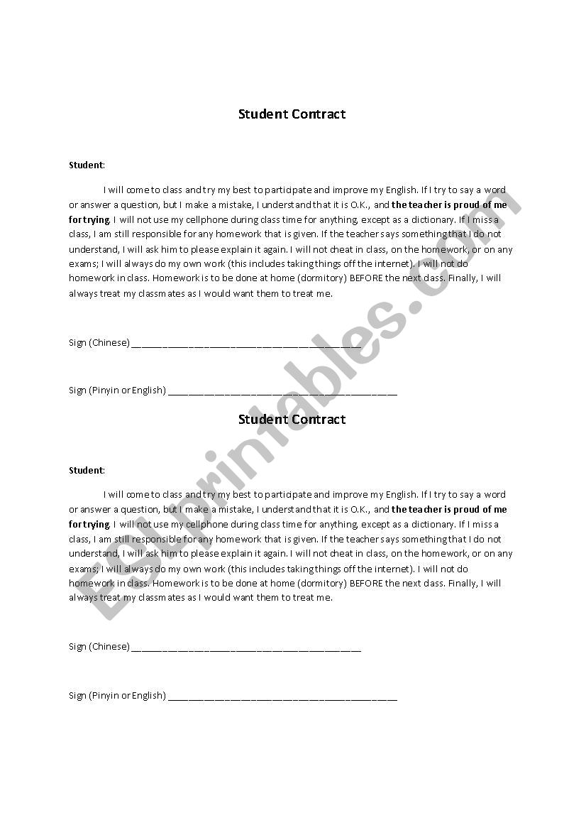 Student Contract worksheet
