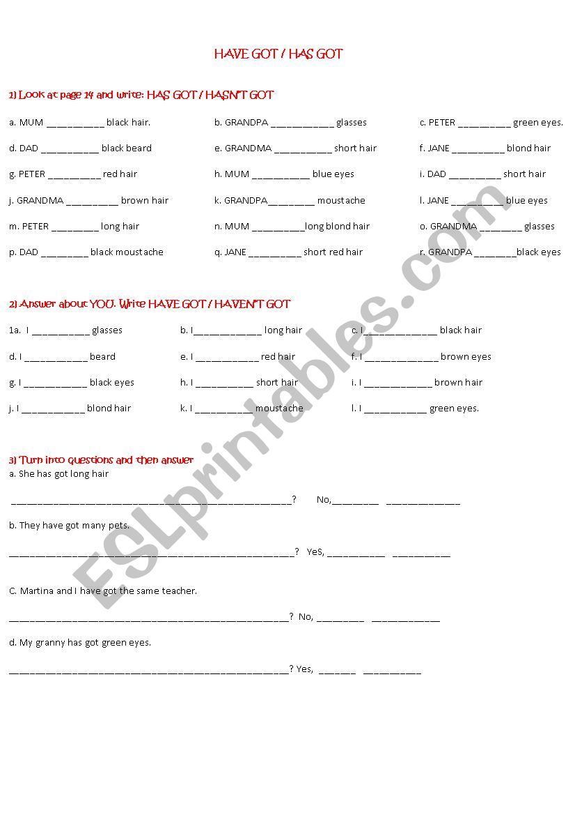 Have and has got practice worksheet